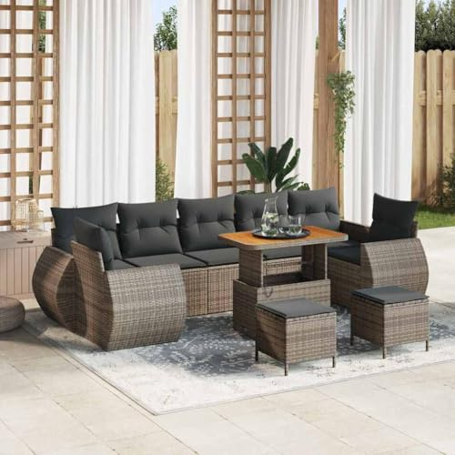 XinZaphrisal Modulares Gartensofa-Set 10 pcs mit Akazienholzoberflächen und Stauraum, Set Modulares Akazienholz für Terrasse und Garten, graues Poly-Rattan Sofa mit Tisch und Hockern