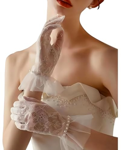 SSIMIDAPT Gants Courts Femme Gant en Dentelle Florale Bridal Élégants Gloves Blancs pour Mariage Opéra Soirée Danse Cosplay Accessoire de Costume Halloween Carnaval