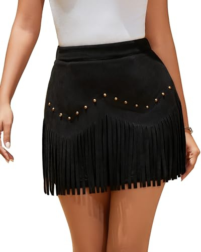 TRIWORKS Women Black Suede Fringe Mini Skirt with Rivets High Waist Elastic Western Cowgirl Skirts with Zipper Country Concert Outfit XL
