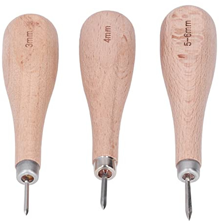 ECHTNATAV 3 Pezzi Punteruolo da Cucito, Punteruolo da Cucito con Manico in Faggio, Design ergonomico ad Elevata Durezza, per Cucito in Pelle Fai-da-Te, Punzonatura Artigianale