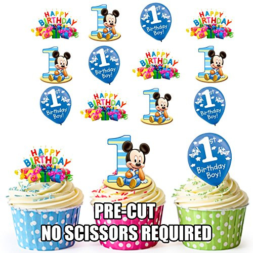 AK Giftshop Colourful 1st Birthday Son Little Boys Cake Decorations - 36 Edible Wafer Cup Cake Toppers
