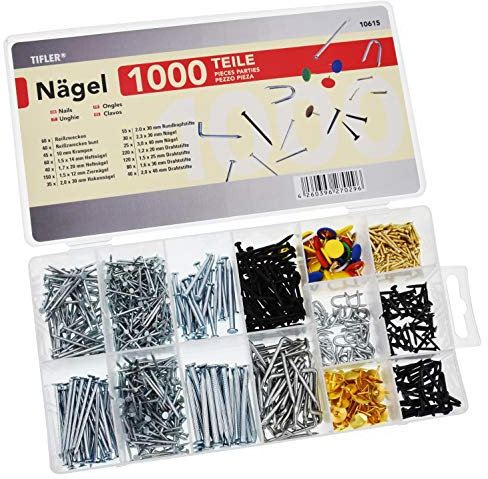 1000 Nägel und Stifte im Set, 14 verschiedene Arten und Größen im Sortimentskasten