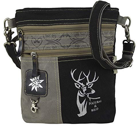 Domelo Trachtentasche. Kleine Umhängetasche. Oktoberfest Damen Crossbody Bag mit Hirsch Aufdruck. Canvas Tasche als Geschenk für Trachtenmode Liebhaber (schwarz)