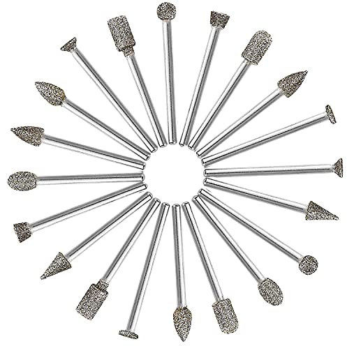 ZFYQ Fraises Diamant, 20Pcs Fraise Rotative Diamant, Foret/Tête/Pointe Diamantée, avec 3mm Tige pour Outil Rotatif Meulage, Polissage, Gravure de Bricolage
