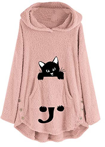 YEBIRAL Damen Winter Teddy-Fleece Kapuzenpullover Hoodie Pullover Langarm Katzen Tasche Plüschmantel Lässig Mode Bequem Sweatshirt Mit Kapuze(5XL,Rosa)