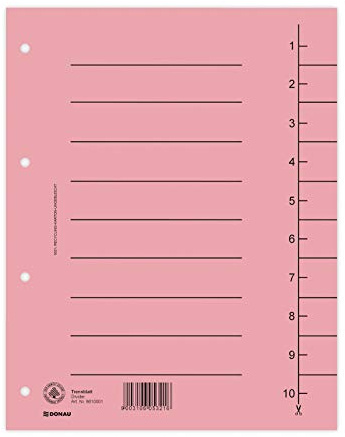 DONAU 8610001-16, 100-pack skiljeblad, färg: rosa/kartongregister, överdimensionerat, tillverkad av återvunnen kartong 250 g/kvm med linjemönster för DIN A4, 4-fack, perforering, skiljeflikar, mapp,