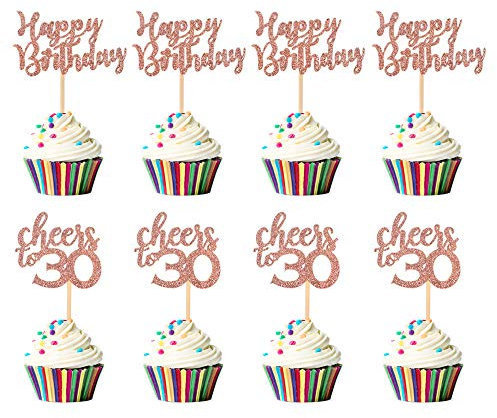 Blumomon Cupcake-Aufsätze, 24 Stück, mit Aufschrift Cheers to 30, Roségold, Glitzer, Happy Birthday-Kuchenaufsätze, Party-Kuchendekorationen