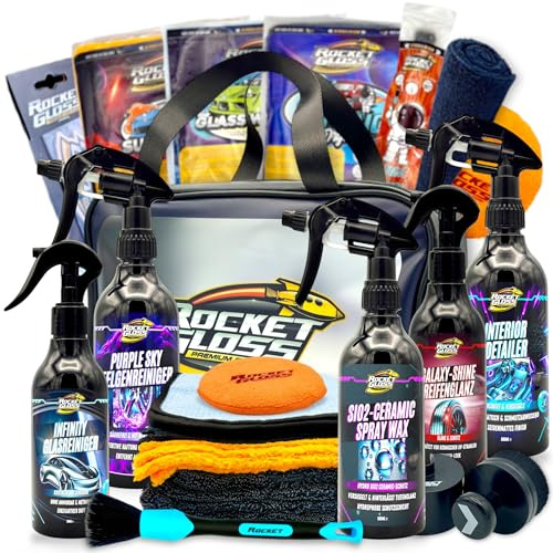 Kit d’entretien de véhicule : Rocket Performance Box 17 pièces – Kit de nettoyage et d'entretien pour l'intérieur et l'extérieur du véhicule Parfum d’habitacle chewing-gum