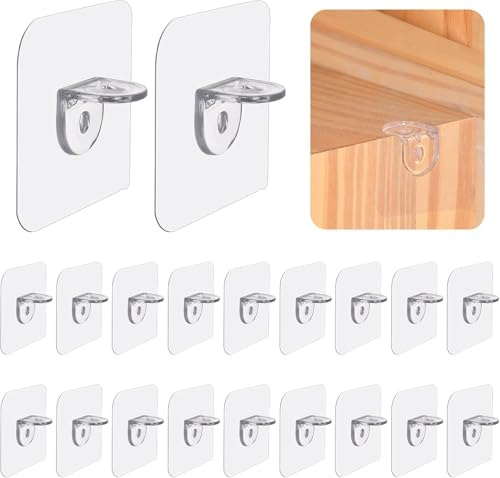 YUYEJIAYE Self Adhesive Shelf Brackets, 20Pcs L-Shaped No Drill Supports for Wardrobe & Cabinet - Sturdy Clear Shelf Organiser Pegs for Closet, Bookcase, Kitchen & Bathroom (7 * 7cm)
