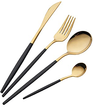 16 Piece Black and Golden Cutlery Set,Black Handle Knife Fork Spoon Set,Black Gold Stainless Steel Cutlery,4 Person Dinner Set (Black Gold)