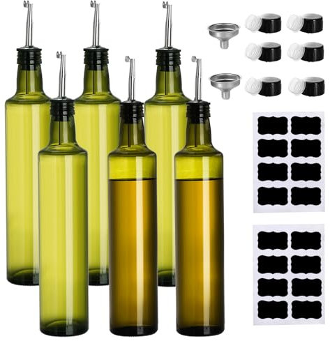 Frcctre 6 Pack Glass Olive Oil Dispenser Bottles, 17 Oz/500ml Oil and Vinegar Cruet Set With Spouts, Olive Oil Carafe Decanter for Kitchen - Dark Green