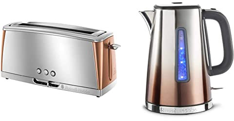 Russell Hobbs Luna Long Slot Toaster, Long Slice or Two Slice Stainless Steel Toaster, 24310 & 25113 Eclipse Polished Stainless Steel and Copper Sunset Ombre Electric Kettle, 3000 W, 1.7 Litre
