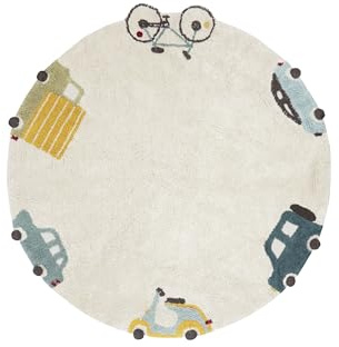Lorena Canals - Wheels Teppich, Ø 140 cm, Natur/blau