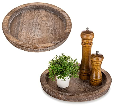 Hanobe Rustikales Serviertablett aus Holz: Set Mit 2 Runden Holz-Butlern, Dekoratives Vintage-Mittelstück, Kerzenhalter, Bauernhaus-Ottomane für Küche, Arbeitsplatte