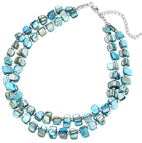 Bulinlin Boho Bunte Perlenkette Damen Muschelkette Strand Sommer Verstellbar Bohemian Choker Halsketten FüR Frauen Und MäDchen(Turquoise)