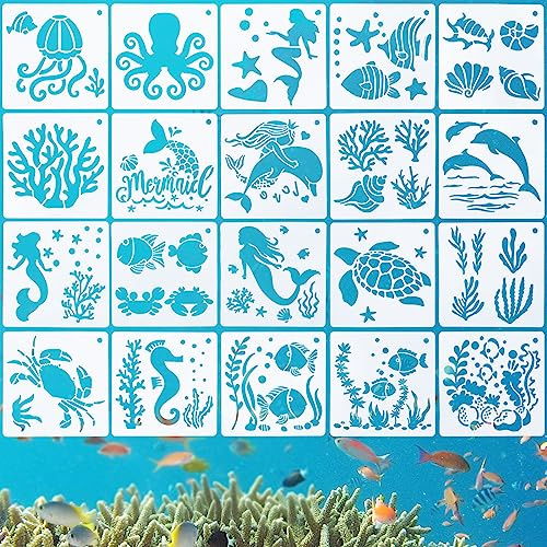 Abeillo 20 plantillas de animales de mar, plantillas de pintura de mar, plantillas de dibujo reutilizables para bricolaje, manualidades, scrabooking, pared de madera - 13 x 13 cm..