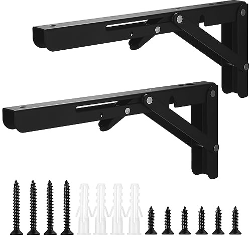 2 Piezas Escuadras Abatibles, Soporte de Estante Plegable, Soporte Estantería Bisagras Pared Mesa Plegable de Acero Inoxidable para Cocina, Oficina, Mesa, Pared - Negro (25cm)