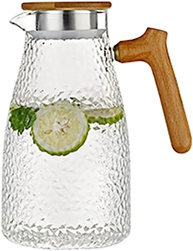 2 Liter Glaskrug mit Bambusdeckel und Buchenholzgriff, Glaskrug für Kühlschrank, Glaskaraffe für heißes/kaltes Wasser
