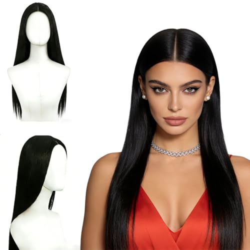 Karneval Perücke Schwarz Lang Glatt (70cm) – Karneval Natürliche Lange Gerade Schwarze Perücken mit Mittelscheitel, Hitzebeständige Damenperücke mit langem Haar für Cosplay & Alltag
