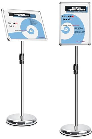 TUKA-i-AKUT A3 Espositore Informativo da Pavimento, Regolabile in Altezza, Ruotabile Supporto per Pubblicitario Presentazioni Poster Cartelli Annunci, Portaposter Cornice Pieghevole, Argento TKD8423