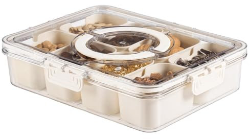 Snackschale mit Deckel Kunststoff Servierplatte Snackteller mit Fächern Kunststoff Unterteilung Platte Aufbewahrungsbox Snackbox Organizer für Nüsse Desserts Gewürze SüßIgkeiten Candy Keks