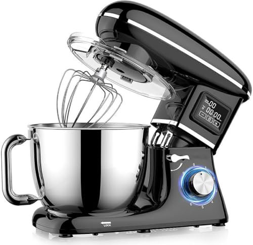 Ustensiles de Cuisine Batteur sur Socle, 5,5 QT, 6 Vitesses, écran LCD inclinable, mélangeur électrique avec Crochets pétrisseurs pour Lave-Vaisselle, pour Un Usage Quotidien, Noir