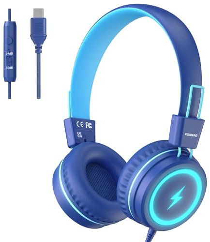 KONNAO Casque Audio Enfants Scolaires, USB de Type C avec Lumières LED, Casque câblé Garçon Fille avec Limiteur de Sécurité 85dB/94dB, Casque Pliable avec Microphones pour école/iPad, Bleu