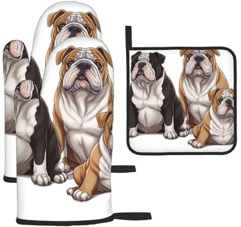 Ofenhandschuhe und Topflappen 3er Set Ofenhandschuhe zum Kochen Englische Bulldoggen Küche Ofenhandschuhe Hitzebeständige Grillhandschuhe Rutschfester Kochhandschuh für Unisex Backen
