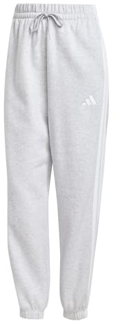 adidas Donna Essentials 3-Stripes Fleece Loose Pants, Light Grey Heather/White, S