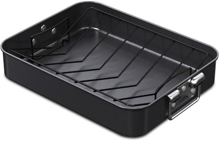 CHEFMADE Turkey Roasting Pan with V Rack, 16 Inch Deep Roasting Pan, Deep Lasagna Pan for BBQ Vegetbale and Meat 16 x 12.8 x 3 (Black)
