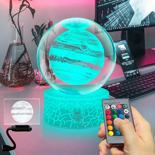 Fanrui 80MM Giove Pianeta Statua Figurina - 3D Cristallo Giove Figura Sfera Lampada per Desktop Tabletop Decor - Giove roba per camera da letto - 16 colori cambiare luce notturna