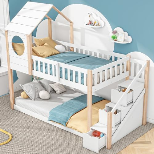YESGIGA Baumhaus Kinderbett, Doppelbett, Kinderbett in Hausform, Leiterschrank, Kiefernholz Haus Bett for Kids,90 x 200 cm (Natur+weiß)