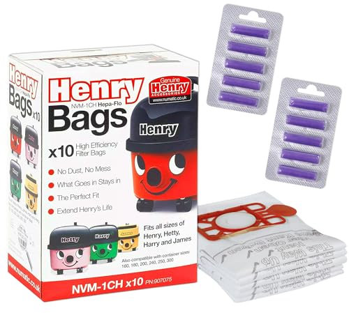 Genuine Hepa-Flo Henry Hoover Bags for Henry Vacuum Cleaner Pack of 10 With 10 Freshener Sticks - Hetty Vacuum Cleaner Bags - Numatic Hoover Bags for Hetty, Harry, James Models