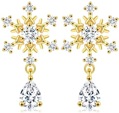 PDTU Schneeflocken Ohrringe Gold, Schneeflocken Ohrringe Weihnachten mit Weißer Zirkonia Geschenke für Damen Mädchen