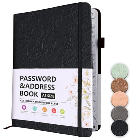 WWYSSZ Libreta de Contraseñas, Cuaderno de Contraseñas de Tapa Dura, Libreta Alfabética para Organizador Logbook de Tapa Dura, Para Registro de la Información de Acceso a Internet, 13 X 19 cm, Negro
