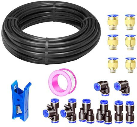 HAXIHA 10 Metri Tubo per Aria Poliuretano Nero,12mm Diametro Esterno 8mm Diametro Interno Tubo Pneumatico per Aria Compressa, 32.8ft con 14 Pcs Pneumatico Attacchi Rapidi