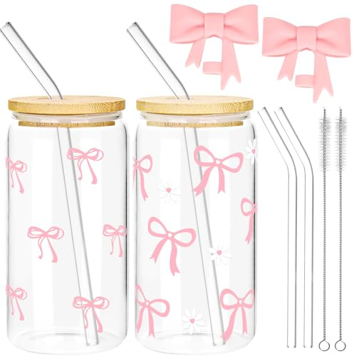 wokdsbl 2 Stück 16oz Trinkbecher mit Deckel und Strohhalm | Trinkgläser Set Aus Glas mit Schleife, Bogen Design Glasbecher Wiederverwendbar für Bubble Tea, Smoothie, Matcha, Milchshake