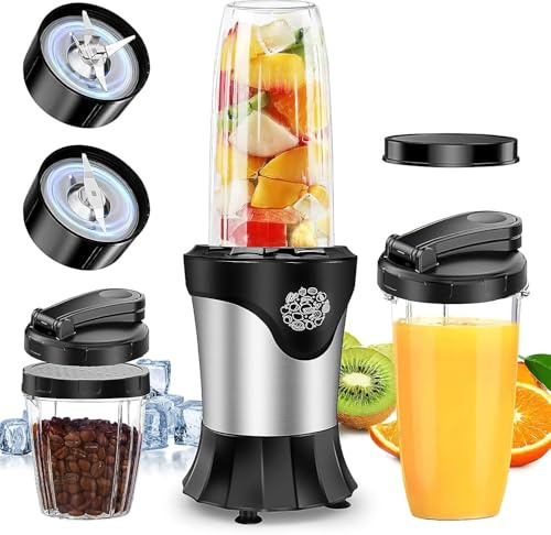 800W Personal Blender for Shakes and Smoothies, 2-in-1 Blender and Grinder Combo with 6-Point Blade, 2x600ml BPA-Free Travel Bottles & 200ml Grinding Cup, Ideal for Ice Crush, Protein & Frozen Drinks