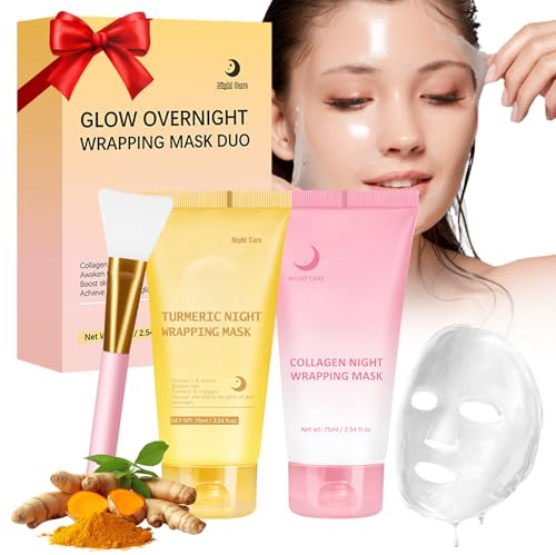 Collagen Night Wrapping Mask and Brush Set, Comprenant Masque Curcuma Collagene et Masque Collagene Visage, Nourrit en Profondeur les Peaux Sèches, Hydrate Pendant la nuit, 2Pack