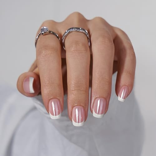 BTArtbox Press On Nails, Be Elegant, Short Square, French Tip, 32Ct | Hält über 2 Wochen, Nägel Zum Aufkleben in Salonqualität, In 10 Mins Erledigt, Schnelle Entfernung, 16 Größen, Nagel Tips Set