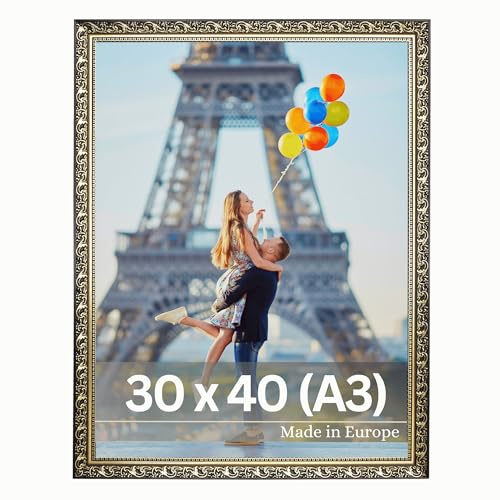 VictoR Cornice portafoto Vinci – 30 x 40 cm (A3) oro – vintage barocco – cornice decorata 22 x 20 mm – vetro acrilico infrangibile – retro MDF – per formato verticale e orizzontale – Made in Europe