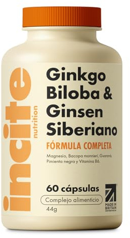 Incite Nutrition Ginkgo Biloba + Siberian Ginseng Complex. 60 Capsules. High Strength Cognitive Support, Energy Boost & Focus Enhancer, Nootropic & Adaptogenic. Suitable for Vegetarians & Vegans