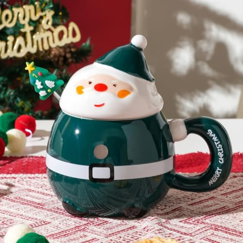 MAGICVOGEL Weihnachtstasse Cartoon Weihnachtsmann Kaffeetasse Porzellan Kaffeebecher mit Deckel und Löffel Teetasse Weihnachtsbecher Geschenk für Weihnachten Neujahr Geburtstag (Grün)