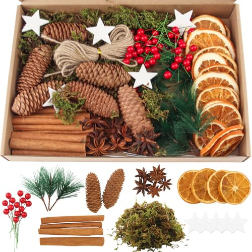 SJUNJIE 119 Pezzi Decorazioni Corona Avvento con Fette di Arancia Secca Cannella Coni di Pino Anice Stellare e Bacche Natale Potpourri per Corona Dell'avvento Decorazioni Natalizie