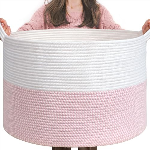 TIMEYARD Aufbewahrungskorb mit Griffen, 55 × 35 cm, Rosa | Für Stofftiere, Spielzeug und Wäsche Ideal fürs Kinderzimmer Stabil Dekorativ