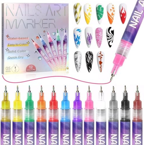 Juego de 12 rotuladores 3D para arte de uñas, rotuladores de esmalte de uñas de secado rápido, pincel de pintura de uñas acrílico, rotulador de graffiti y puntillismo para diseño de uñas, kit de arte