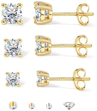 SLLAISS Moissanit Ohrringe Silber 925 Damen Ohrstecker Silber 925 Set 3 Paare 3/4/5mm Moissanit Ohrringe 14K Weißgold Vergoldet Hypoallergen Schmuck Glitzer Diamant Golden