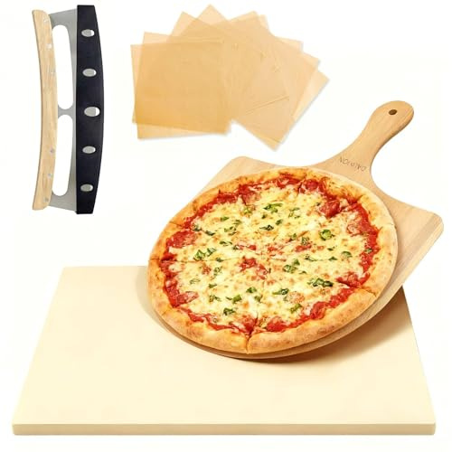 Pizza Stone Kits 4PCS 12x15 Rectangular for Grill and Oven,Cordierite Baking Stone W Cutter Rocker Stainless Steel &10pcs Cooking Paper and Bamboo Peel Paddle-Durable and Pizza Oven Accessories