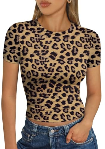 Trendy Queen Womens Leopard Cheetah Print T Shirts Summer 2026 Tops 2026 Short Sleeve Crop Tops Slim Fit Y2k Clothes Leopard M