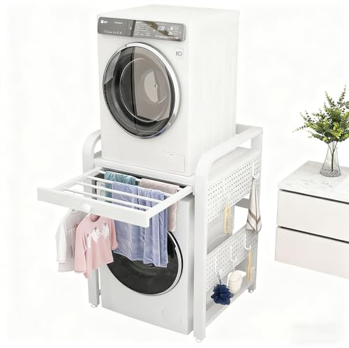 Soporte Secadora Sobre Lavadora Kit Union Lavadora Secadora Con Panel Perforado Y Percha Retráctil Capacidad De Carga 200 Kg Ideal Para Lavanderías Apartamentos Dormitorios Y Balc WhiteFrame+WhiteTop